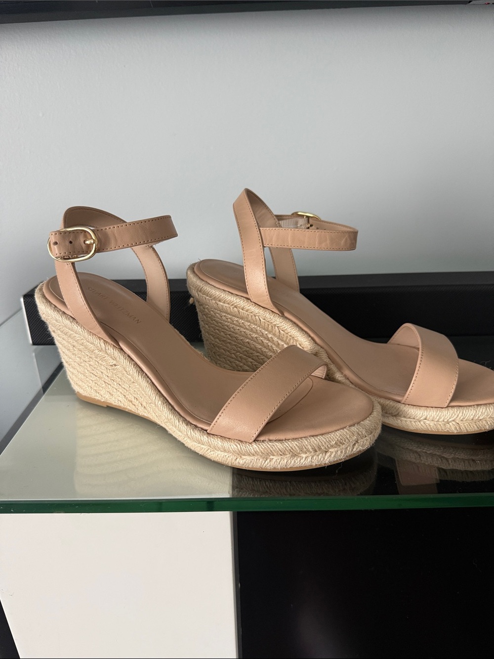 Stuart Weitzman Beige Espadrille Wedge Sandals with Ankle Strap